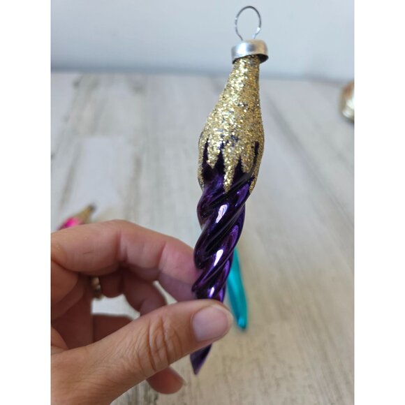 Vintage Germany Mercury icicle glitter gold ornament glass blue purple pink set - Picture 6 of 12